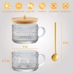 Tekuve Vintage Glass Coffee Mugs Set of 4, Clear Embossed Tea Cups, Coffee Bar Accessories, Iced Coffee Cups with Bamboo Lids and Spoons for Overnight Oats, Yogurt, Cappuccino, Latte(4T) - Image 4
