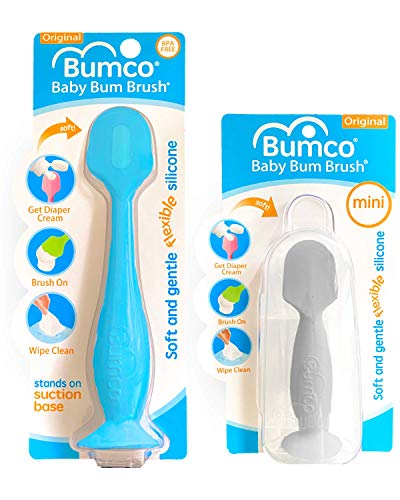 51Gz4BbBKNL.jpg Bumco 2-Pack Diaper Cream Spatula - Full-Size + Mini Baby Bum Brush with Travel CASE - Diaper Cream Applicator for Baby - Baby Necessities - Suitable for Aquaphor, Desitin - Blue & Gray - Image 1