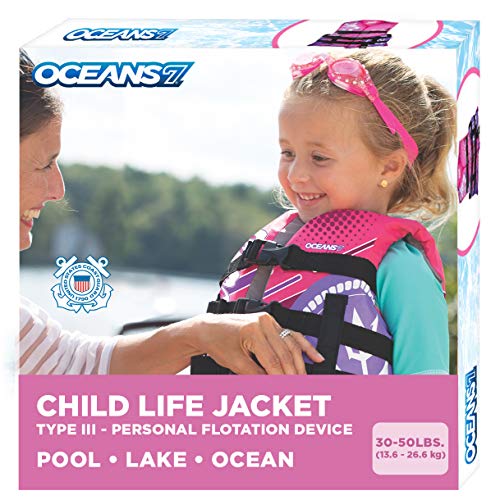 51fJwXuVNKL.jpg Oceans7 US Coast Guard-Approved Kids Life Jacket 30-50 lbs -Type III PFD Flexible-Fit Open-Sided Design Personal Flotation Device – Pink/Berry - Image 1