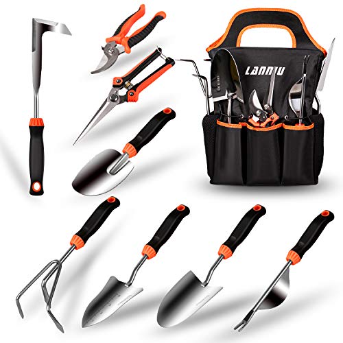 51nOxfVWzL.jpg LANNIU Garden Tool Set, 9 Piece Stainless Steel Heavy Duty Gardening Tool Set, with Non-Slip Rubber Grip, Storage Pocket, Ideal Garden Tool Kit Gift for Women/Parent - Image 1
