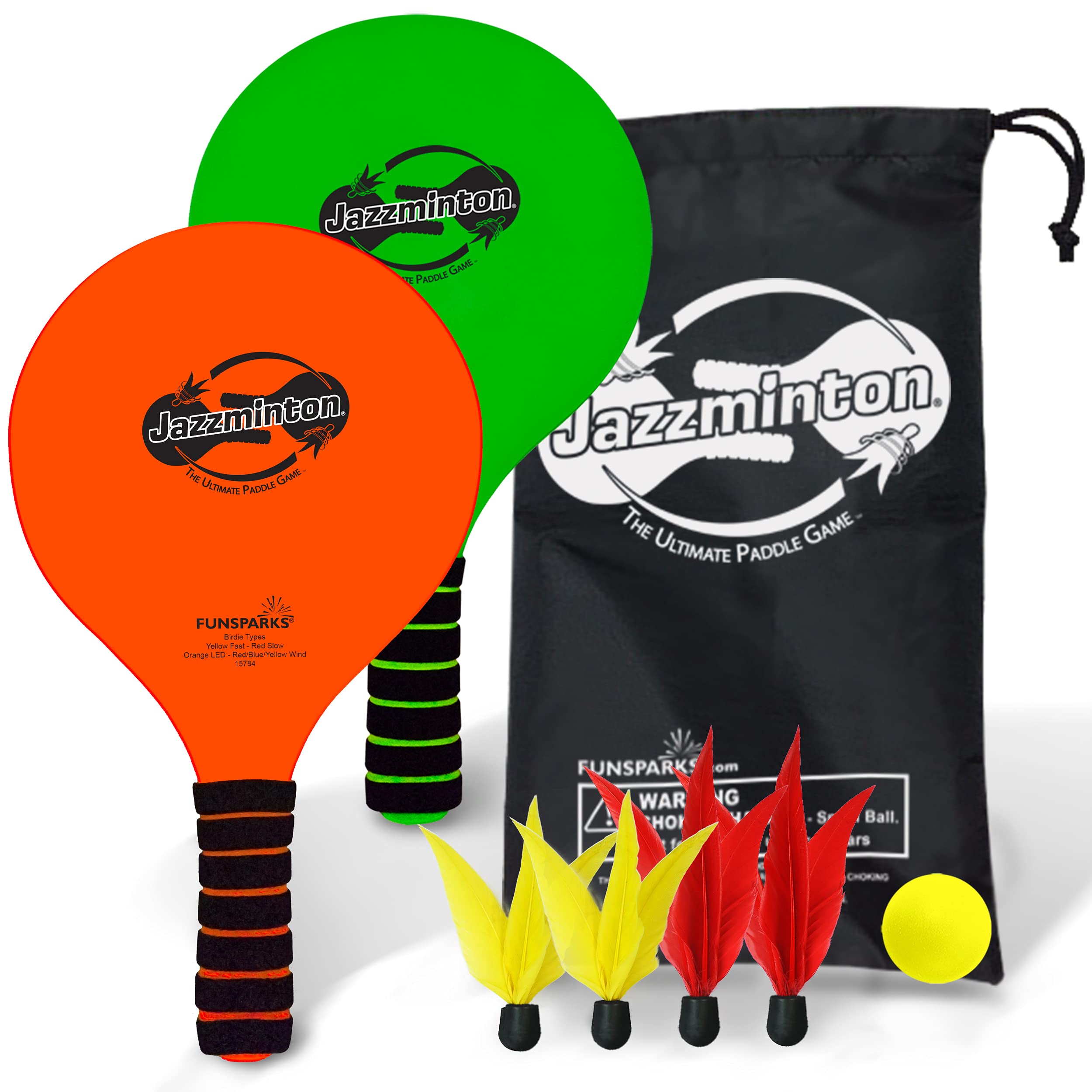 712k3lEx9eS.jpg Funsparks Jazzminton Paddle Ball Game with Carry Bag - Indoor Outdoor Toy - Play at The Beach, Lawn or Backyard - 2 Wooden Racquets - 4 Shuttlecocks - 1 Ball - Image 1